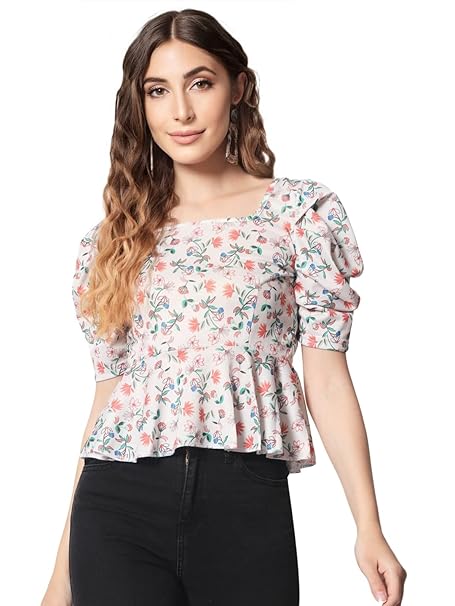 Istyle Can Women's Puff Sleeve Sweetheart Neck Printed Slim Fit Peplum TOP