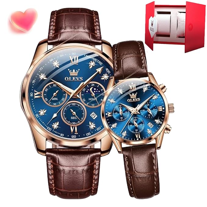 OLEVS Couple Watch Quartz Night Light Calendar Date Window 3ATM Waterproof Casual Leather Strap for Men and Women Couple Watch Wedding Romantic Gift