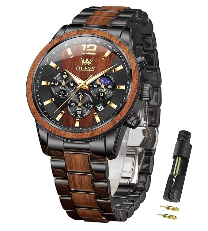OLEVS Chronograph Watches for Men Original Analog Quartz Gold Silver Stainless Steel Metal Strap Blue Luxury Moon Phase Date Waterproof Branded Men's Wrist Watch