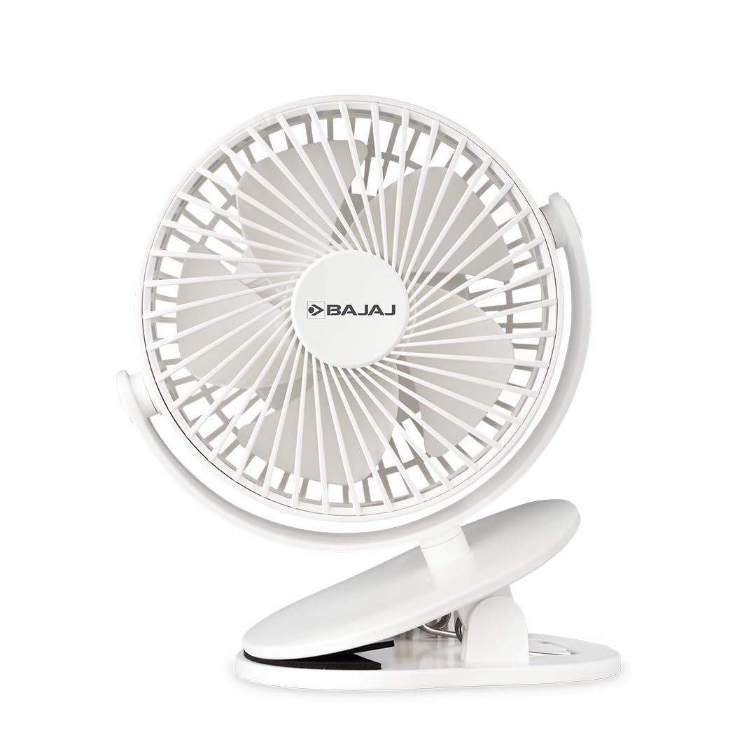 Bajaj Pygmy Mini Fan 110MM | USB Charging | Multi-Clip Function | Rechargeable | 4-Hr Back-up | Silent Operation | Longer Battery Life | Energy Efficient | Portable【White】