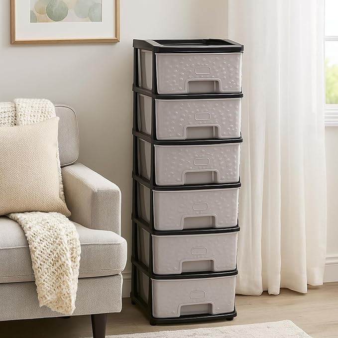 Amazon Basics Plastic 6 Rack Multipurpose Modular Drawer Storage Rack | Kitchen & Home Essentials Organizer Storage Box Cabinet | Almira Set for Stationary, Cosmetic Black & Grey 36D x 30W x 90H cms
