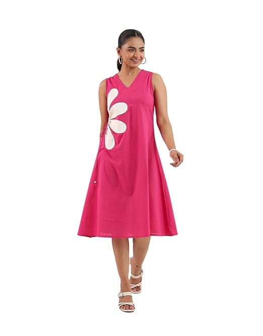 Amazon Brand - INKAST Women Solid V-Neck A-line Maxi Midi Dress with Adjustable Side Gather | Casual One Piece | Summer Outfit | 100% Cotton | Sleeveless