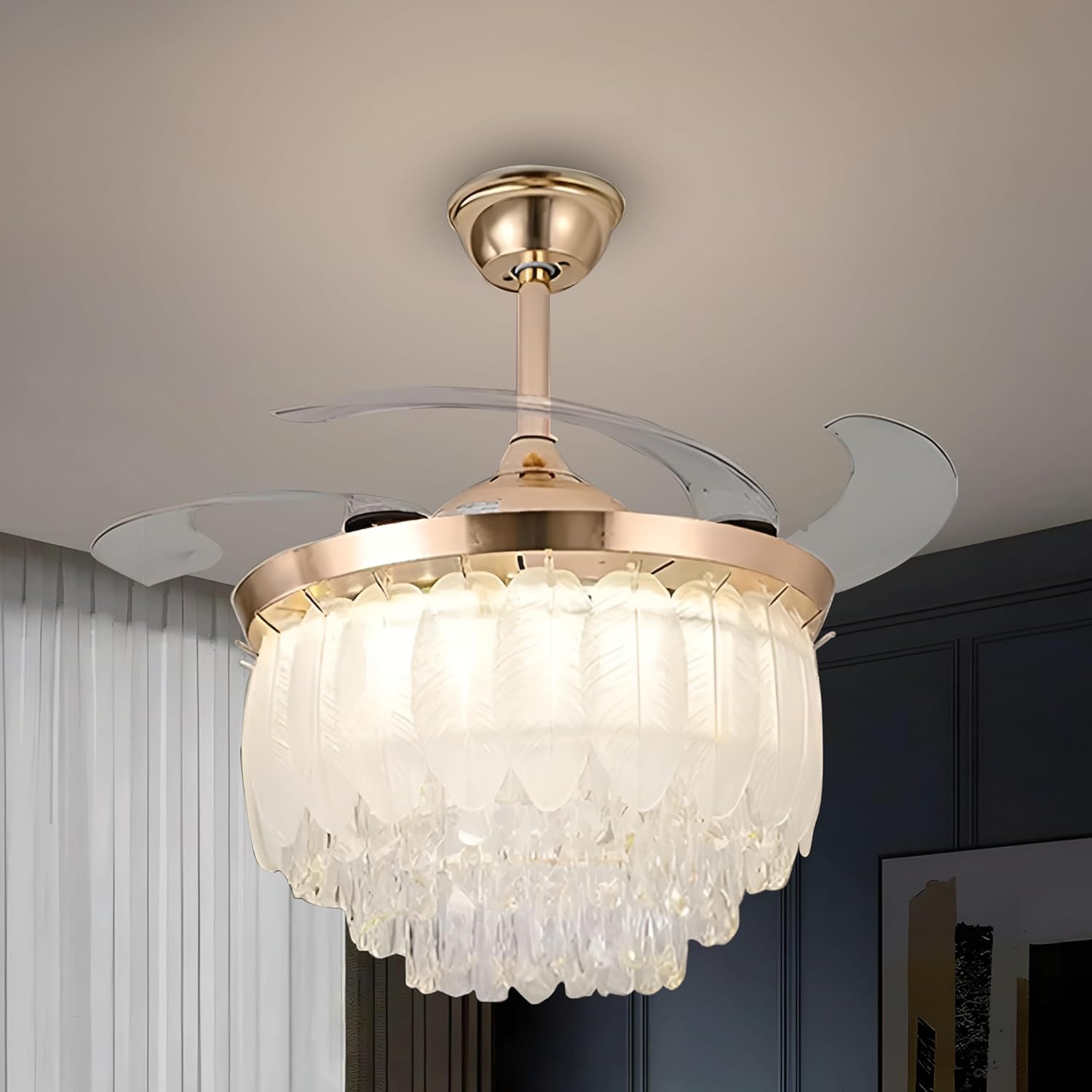 Smartway® Blaze Luxury Fan Chandelier | Remote Control LED Ceiling Fan with Crystal Feather Drum Design | Silent Motor | 3 Color Modes | Retractable Blade Chandelier Fan for Living Room