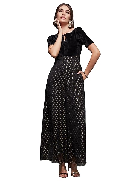 Miss Chase Women's Boat Neck Half Sleeve Wide Leg Regular Length Polyester Printed Jumpsuit with Pockets