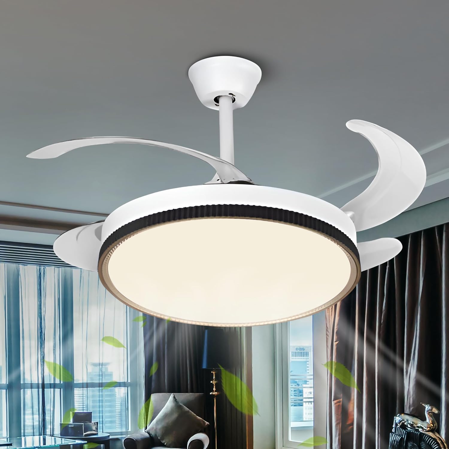 Smartway®- Moire 65W Ceiling Fan Chanderlier | BLDC Noiseless Motor | Retractable Bladel LED Light | 3 Color Modes | Remote, App & Voice Control | Modern Fan Light for Living Room & Bedroom