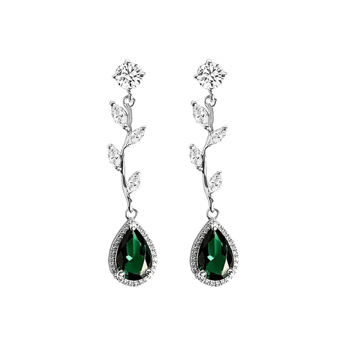 Clara 925 Sterling Silver Leafy Green Necklace Jewellery Set With Earrings | Rhodium Plated, Swiss Zirconia stone | Gift for Women and Girls