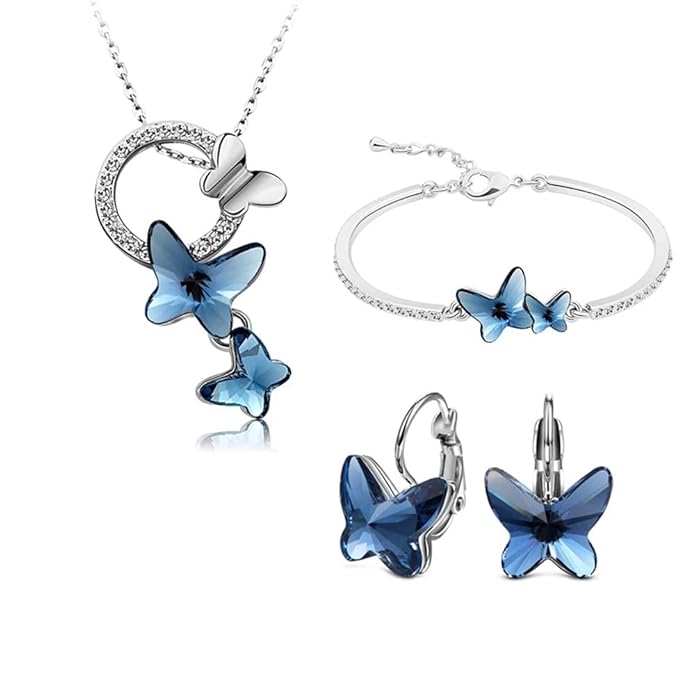 Shining Diva Valentine Gift Girlfriend Wife Italian Designer Platinum Plated Crystal Butterfly Earrings Chain Pendant Necklace Combo Jewellery Set for Women and Girls (Blue) (14603s)