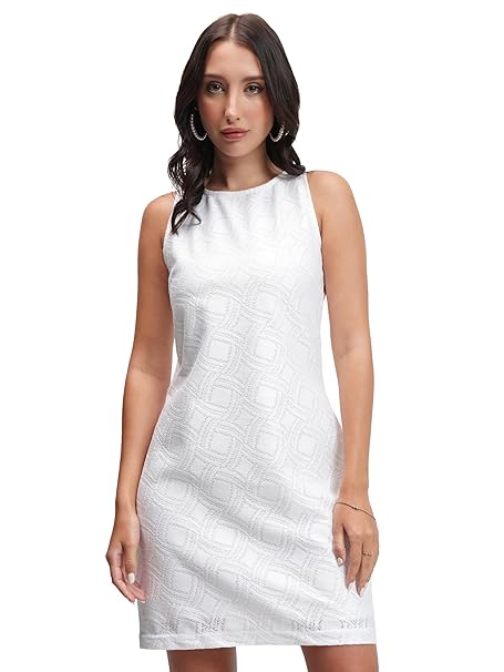 Tokyo Talkies Women's Sleek Self-Design Crohet Bodycon Short Dress with Stylish Sleeves A Chic & Flattering Statement for Any Occasion