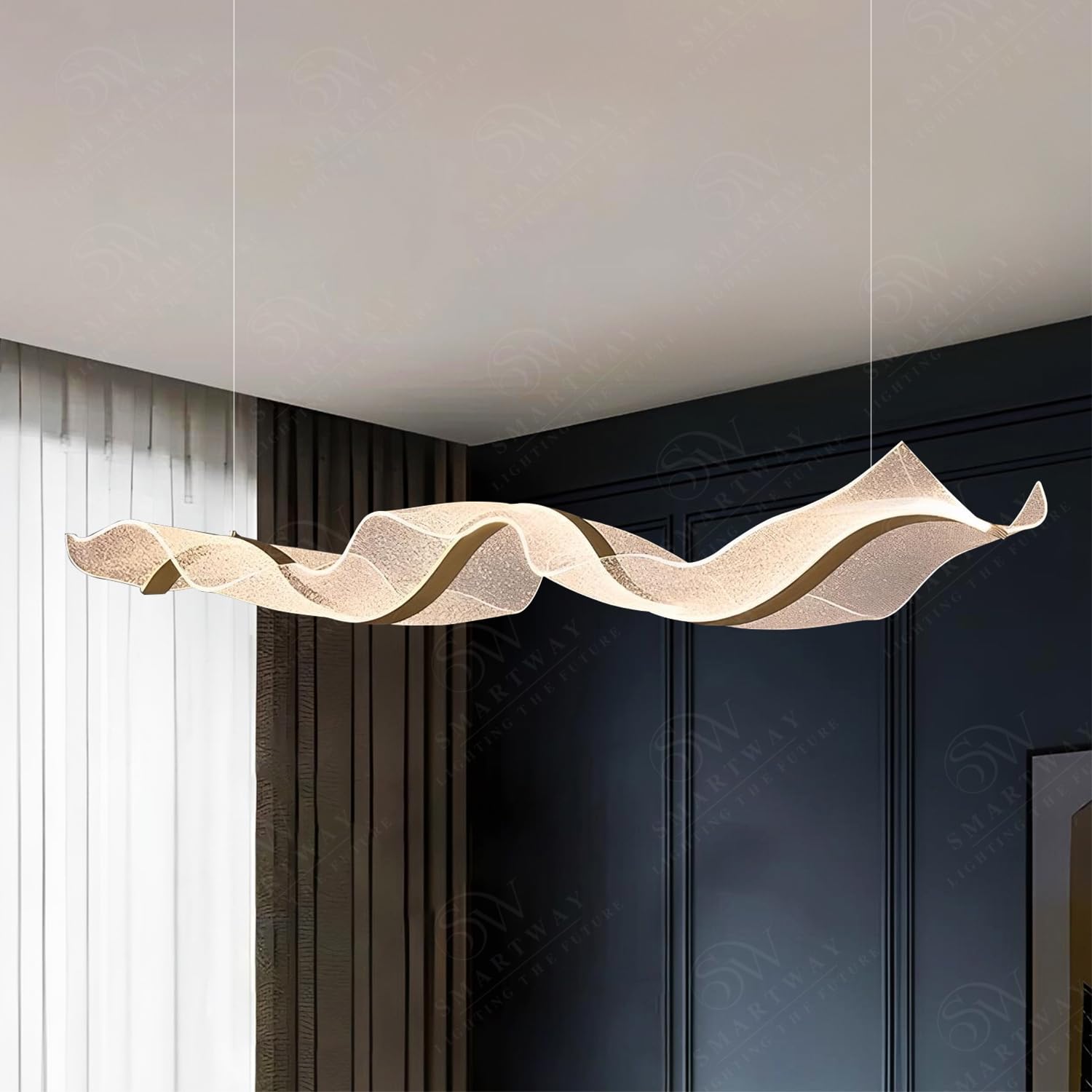 Smartway® Glam 35 Watt Modern Wave Ribbon LED Ceiling Chandelier | Dual Ribbon Designer Hanging Light with 3 Color Modes | Luxury Decorative Chandelier for Living Room, Dining Table, Bedroom & Hall