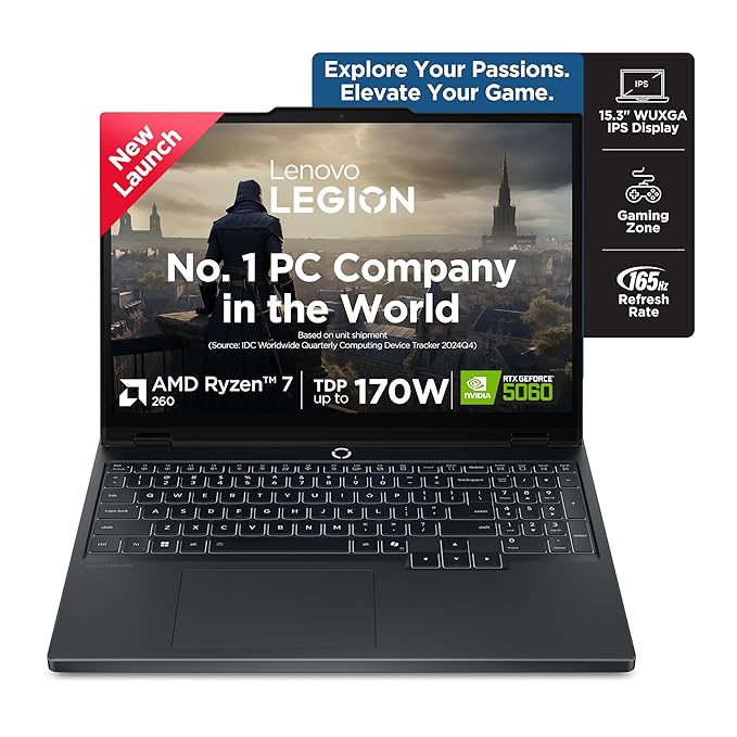 Lenovo Legion 5 2025 AMD Ryzen 7 260 | NVIDIA RTX 5060 8GB (16GB RAM/1TB SSD/WUXGA IPS/165Hz/15(39.6cm)/Windows 11/Office 2024+AI Now/Black/2.5Kg), 83M00074IN AI Powered Gaming Laptop