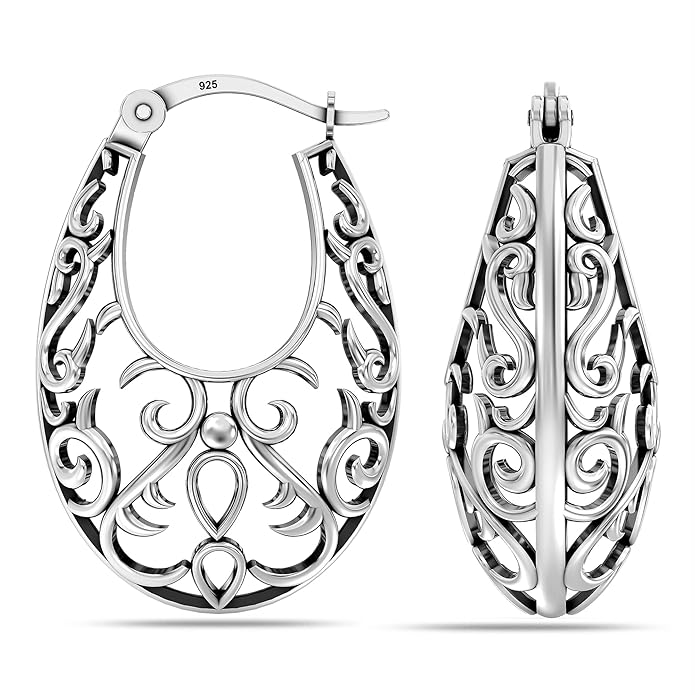 TRUESILVER ACPL 925 Sterling Silver BIS Hallmarked Filigree Hoop Earrings for Women & Girls | Lightweight Designer Oval/Round Hoops | Everyday Wear | Gift for Her