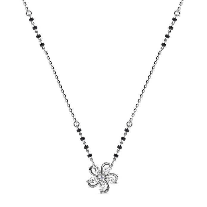 Clara 925 Sterling Silver Nayma Flower Mangalsutra Tanmaniya Pendant With Black Beads Chain | Platinum Plated, Swiss Zirconia | Gift for Wife