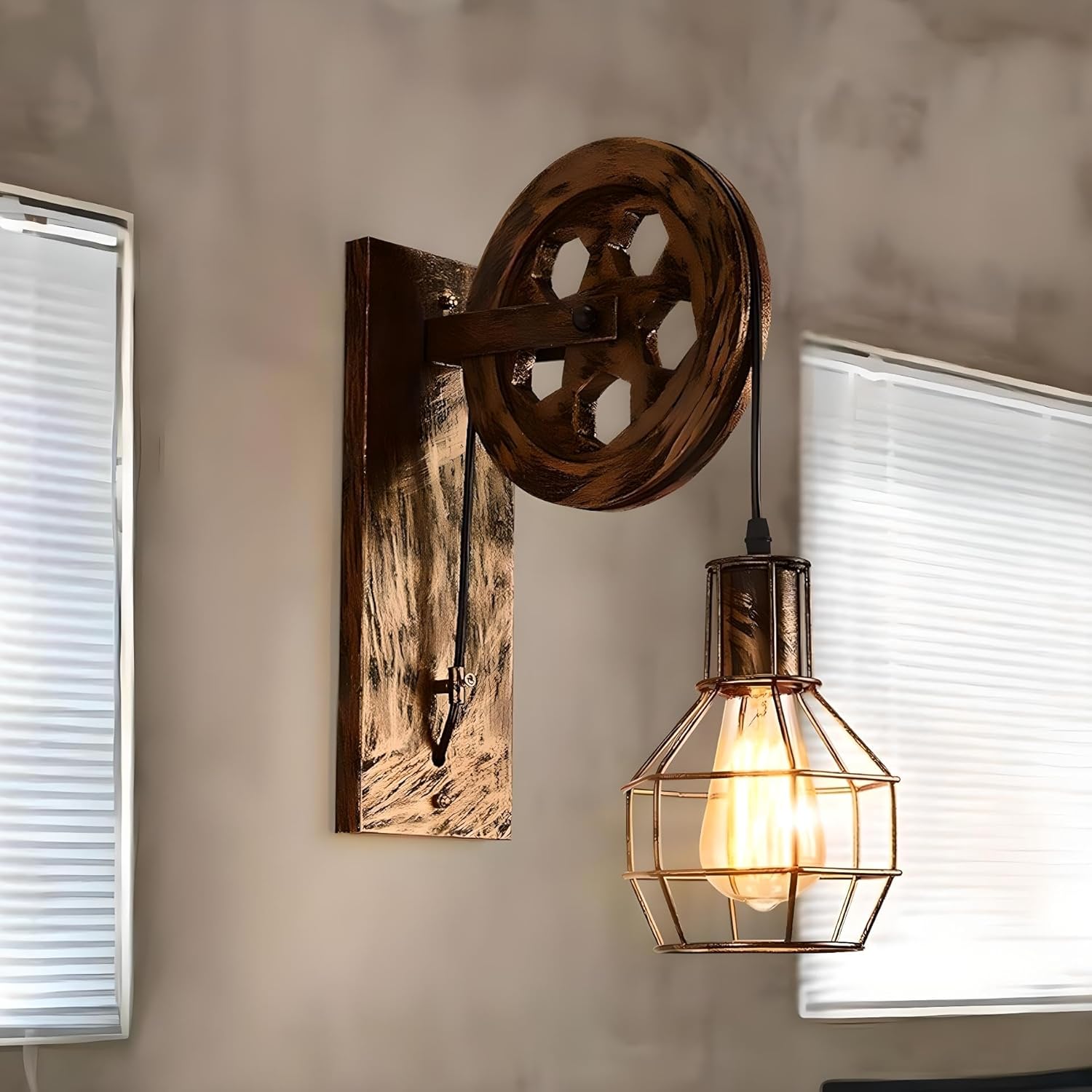 Smartway® Industrial Retro Wall Lamp for Living Room, Bedroom & Bedside | Vintage E27 Decorative Wall Light with Industrial Wheel Design & Wire Cage Shade | Modern Rustic Wall Mount Lighting