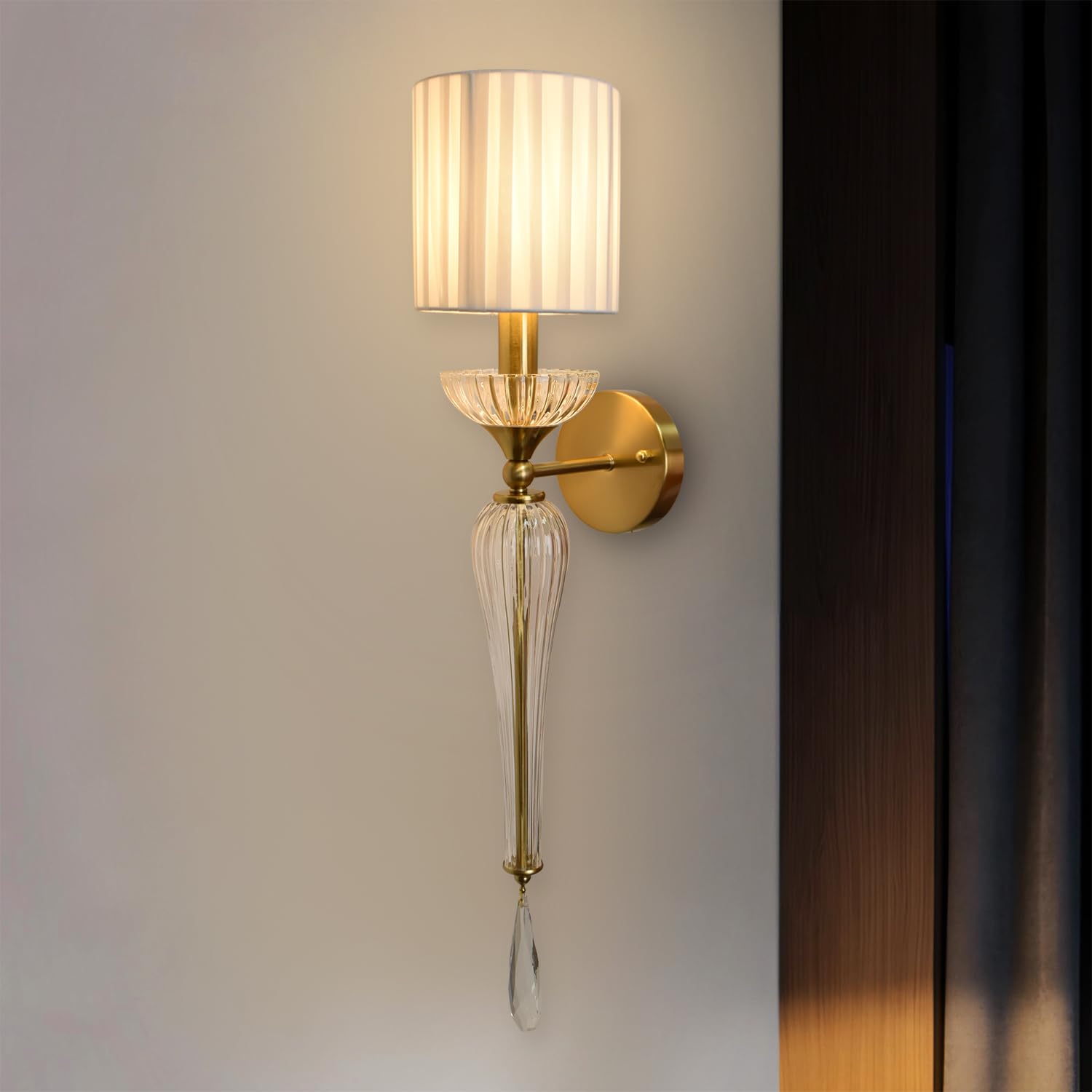 Smartway® Regalia Luxury Crystal Wall Lamp | Wall Mounted Bedside Lamp | Gold Fabric Shade Decorative Light for Living Room, Bedroom & Hallway | 3 Color LED Modes | Designer Wall Sconce