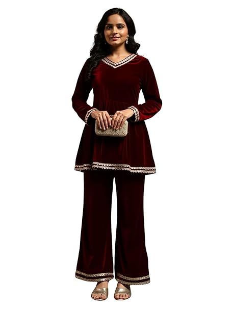 Leriya Fashion Velvet Kurti Set for Woman | Short Kurti for Women Latest | Co ord Set for Women Stylish Party Suit | Ethnic Office Everyday Wear & Casual Look | A Line Kurta Set for Woman