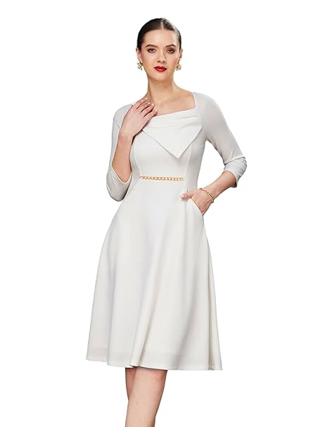 Miss Chase Women's Solid Square Neck Raglan Sleeves Side Pocketed Polyester Fit and Flare Knee Length Dress