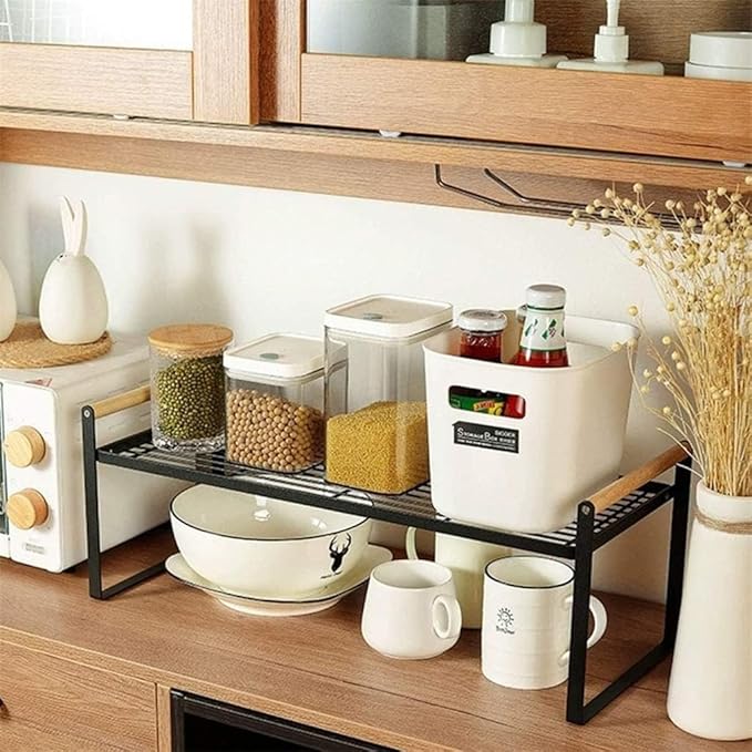 ARHAT ORGANIZERS Beechwood Countertop Organizer | Multipurpose Kitchen Organizer Spice Rack | Kitchen Counter top Organizer | Wooden Rack for Kitchen Storage Pantry, Under Sink & more (Large, Black)
