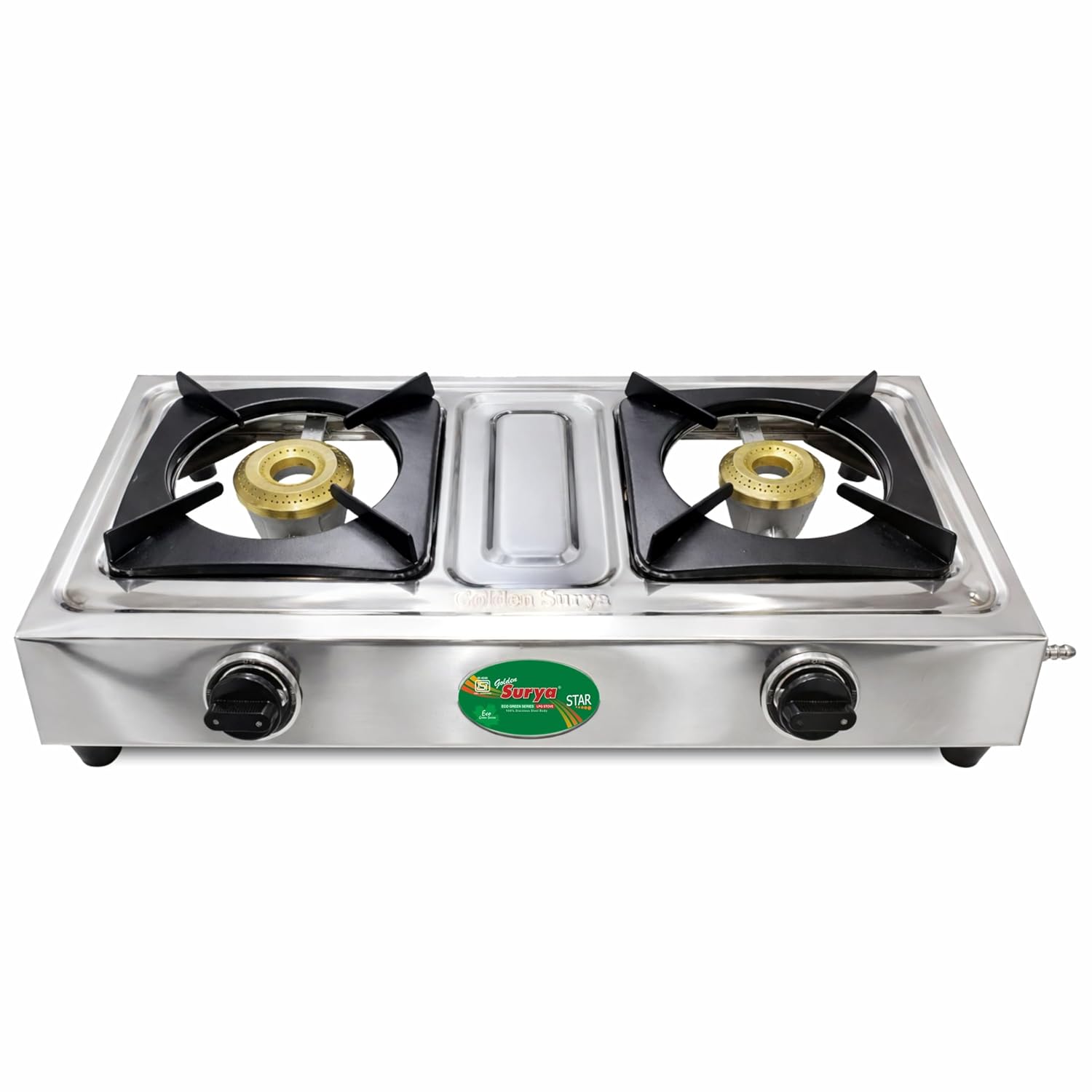 Golden Surya Star 2 Burner LPG Gas Stove with High Efficiency Burners, Stainless Steel Body, Heavy MS Pan Support, Manual Ignition, ISI Certified, 18 Months Warranty