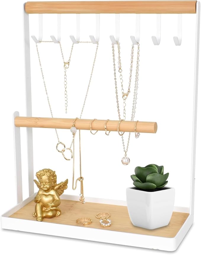 ARHAT ORGANIZERS Jewellery Stand Organizer or Daily Accessories Stand for Women | Wooden Jewellery Organizer for Chains, Earrings, Rings, Bracelt, Watches with inbuilt Tray (White)