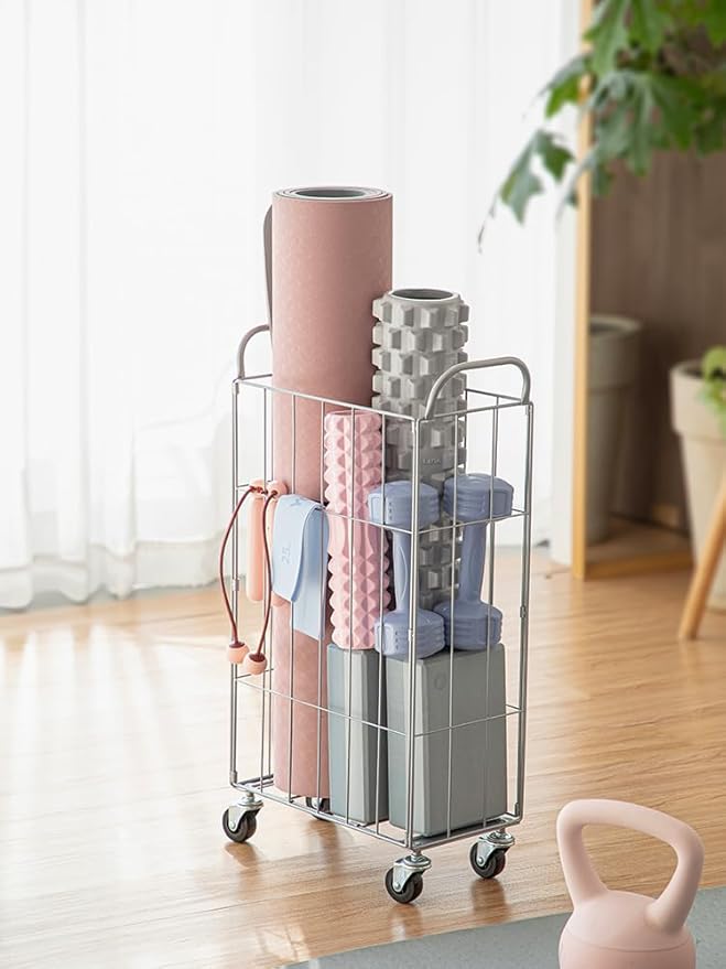 ARHAT ORGANIZERS Fitness Sports Equipment Storage Rack | Home Yoga Mat, Soft Toys Rolling Storage Cart with Wheels | Multi-Purpose Laundry Basket (Metal)