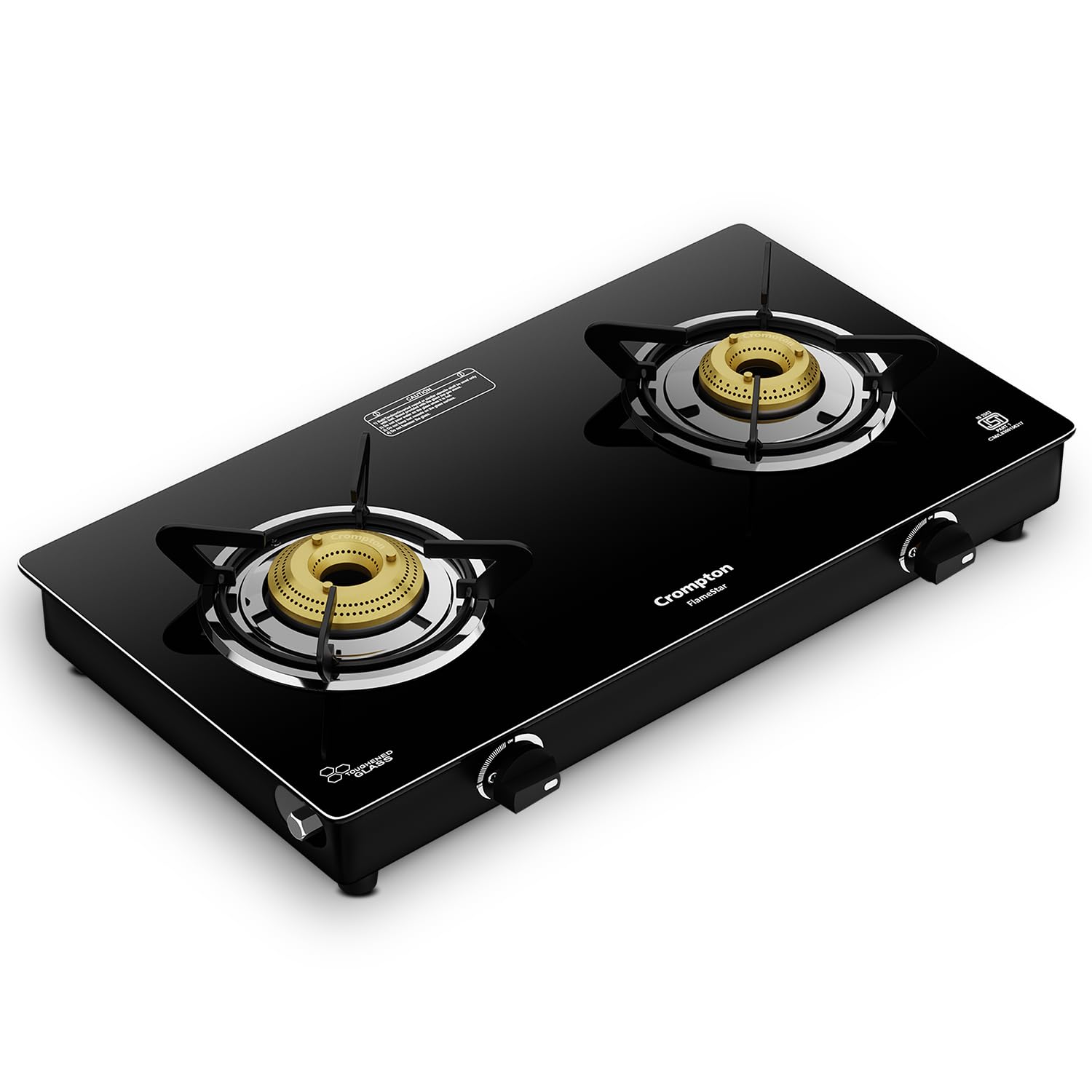 Crompton FlameStar 2 Burner Glass Top LPG Gas Stove | 1 Jumbo & 1 Medium Brass Burner | Max Space | Easy Cleaning | Toughened Glass | Tri Pin Burners | 2 Year Manufacturer's Warranty