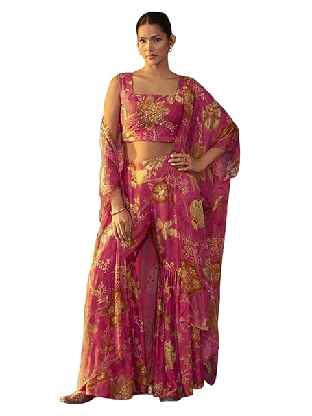 Pinkmint Elegant Printed Crop Top & Stylish Shrug with Sharara for Women l Slik Modern 3-Piece Ethnic Co-ord Set Pink