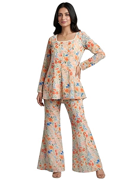 GRECIILOOKS Women's Summer Kurta Set with Sharara | Printed Kurti Set with Sharara Pants | Georgette Ethnic Kurta Set for Women | Party Outfit Traditional Dress for Woman | Flared Palazzo Kurti Set