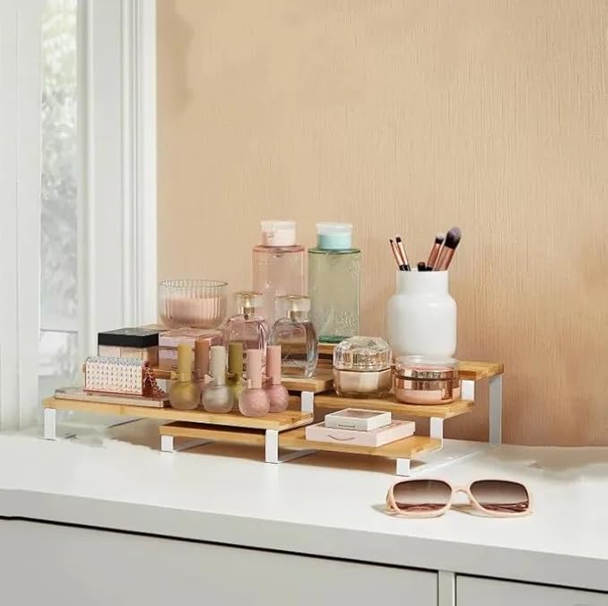 ARHAT ORGANIZERS Expandable 3-Tier Bamboo Kitchen Counter Top Organizer | Multipurpose Wooden Rack for Storage of Spices, Cosmetics & Toiletries (Pack of 2, White)