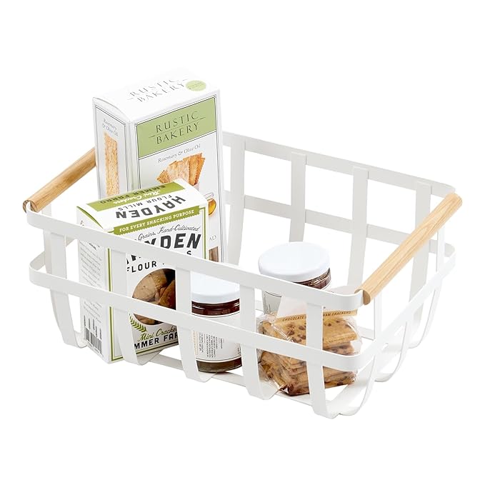 ARHAT ORGANIZERS Storage Basket With Wooden Handle | Multi-purpose Storage Options and Organiser for Home, Kitchen, Closet, Office | Metal, White