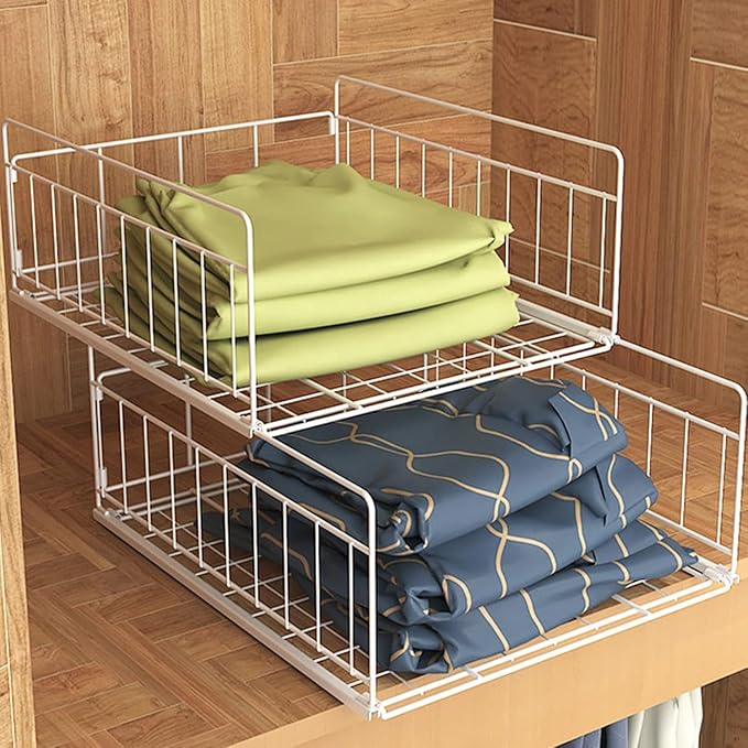 ARHAT ORGANIZERS Sliding Drawer Organizer|2-Tier Wire Storage Basket,Stackable Closet Shelf for Clothes,Accessories|Portable Wardrobe Storage,Pull Out Like a Drawer for Home,Bedroom,Kitchen,White