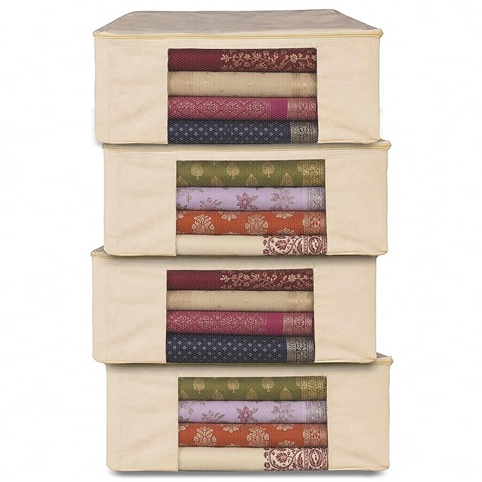 JD FRESH 4 Pcs Cotton Saree Cover for Wardrobe/Space Saving Bag with Zip Closure & Big Transparent Window/Wardrobe-Cupboard Organizer for Clothes/Bedsheets/Lehengas (17 X 14 x 7 Inch, Off White)