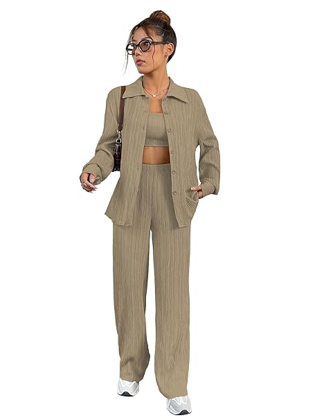Shasmi Women’s 3-Piece Co-ord Set – Solid Button Front Shirt, Strapless Tube Top & Wide Leg Pants | Casual Loose Fit Western Outfit for Daily Spring/Fall Wear (Co-Ord-208)