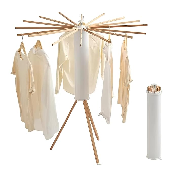 JD FRESH 360° Rotating Cloth Drying Rack/16 Wooden Foldable Cloth Hanging Stick/Space Saving Stand for Cloth Drying/Tripod Portable Laundry Hanger for Balcony/Bathroom (White)