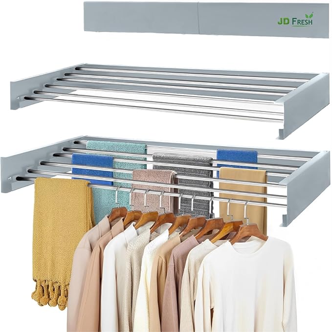 JD FRESH Metal Foldable Wall Mount Clothes Hanger/Cloth Drying Stand for Balcony with 5 Rods/Collapsible Clothes Drying Rack for Laundry/Space Saver/Indoor/Outdoor(Grey)