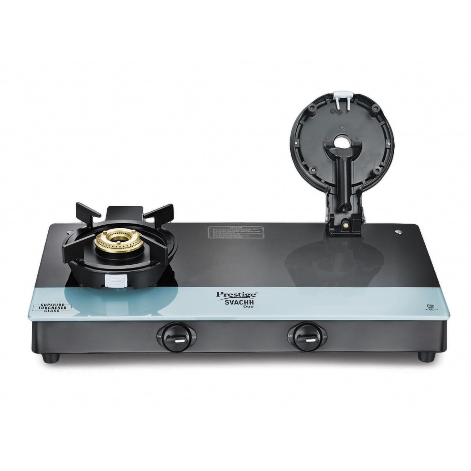 Prestige Svachh Duo GTSD 02 Toughened Glass with Liftable 2 Burners Gas Stove, Black, Manual Ignition