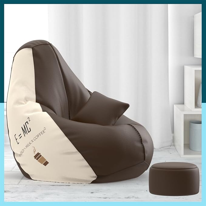 Biggie Bean Bag with Beans Filled 4XL Bean Bag with Free Cushion and Footrest - Official : BeanCanvas Combo (Matching Color : Printed, e=mc2 Brown Cream)