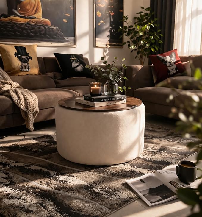 Elegent Round Coffee Table with Wooden Top, Storage Ottoman Tables for Living Room, Centre Tables, Tea Tables, Farmhouse, Wood Drum Coffee Table (Cream)