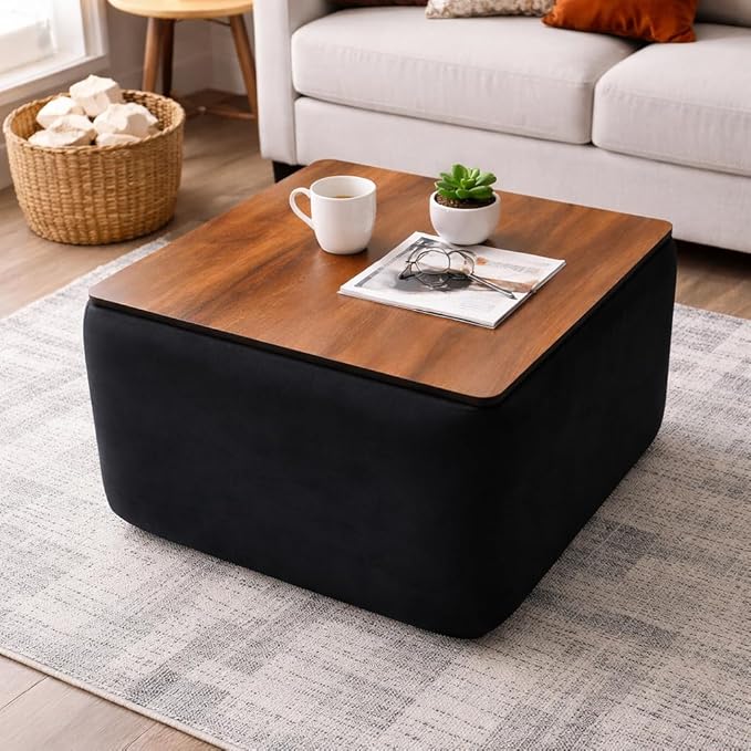 Elegant Upholstered Ottoman Coffee Table with Wooden Top | Multi-Functional Storage Table | Center Table Contemporary Living Room Furniture (Black & Walnut Finish)