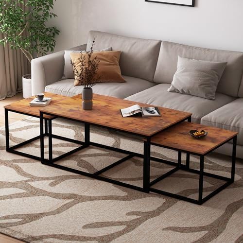 Modern Nesting Coffee Table Set of 3 | Textured Wood Finish Top with Black Metal Frame | Industrial Style Center Tables for Living Room | Space Saving Rectangular Side & Coffee Table Set
