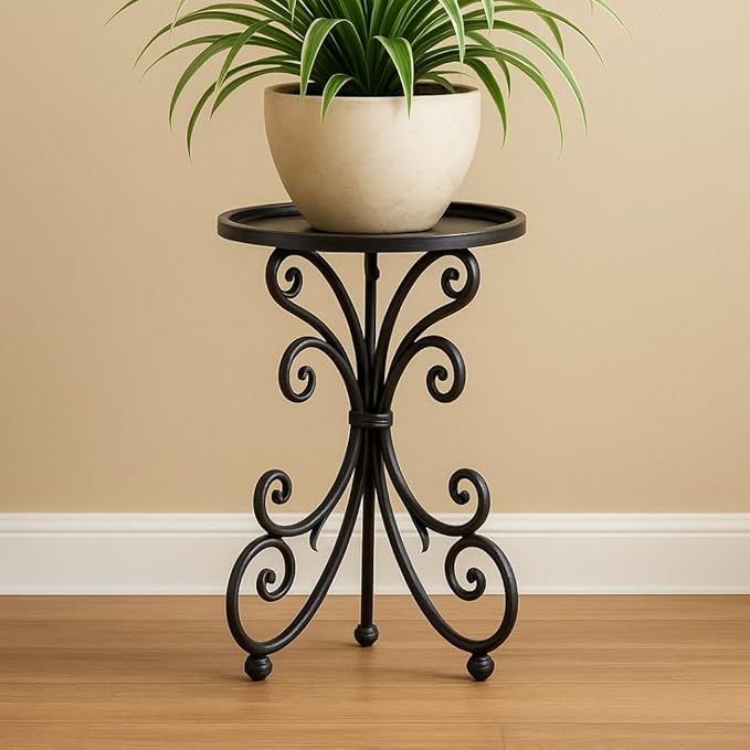 Decorative Tall Plant Stand for Indoor & Outdoor Use | Iron Flower Pot Holder & Metal Garden Accent Table with Round Scrollwork Design | Stylish Balcony, Patio & Living Room Plant Stand | Black Finish