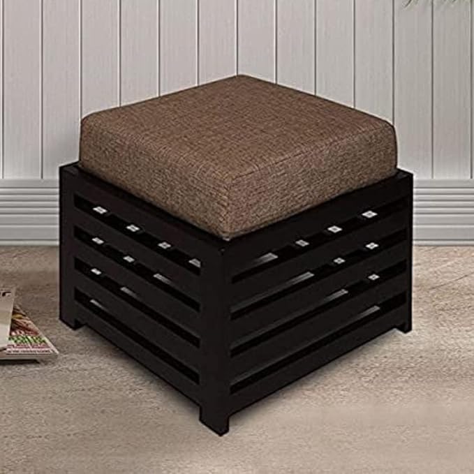 Wooden Stool with Cotton Cover | Multipurpose Footstool Ottoman Fruit Table for Kitchen Office Use | Square Design (Brown)