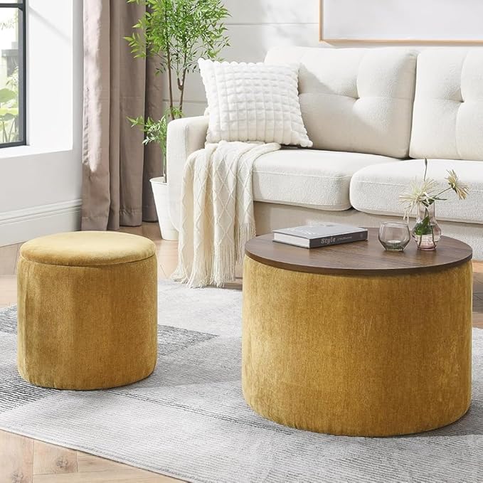 Elegent Debe Round Velvet Ottoman Coffee Tables with MDF Top,Storage Tables for Living Room, Centre Tables, Tea Tables, Farmhouse, Wood Drum Coffee Table Ottomans Set of 2 (Yellow)