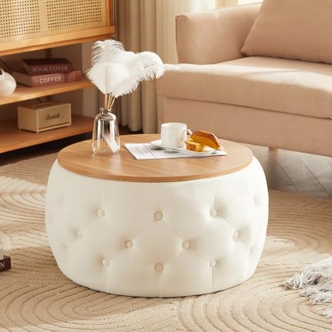 Elegent Round Coffee Table with Wooden Top, Storage Ottoman Tables for Living Room, Centre Tables, Tea Tables, Farmhouse, Wood Drum Coffee Table,Farmhouse, Wood Drum Table (Off White)