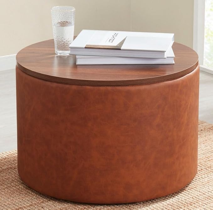 Large Round Faux Leather Storage Ottoman Coffee Table with Wooden Top, Storage Ottoman Tables for Living Room, Centre Tables, Tea Tables, Farmhouse Ottomans Accent Table-Orange Leather