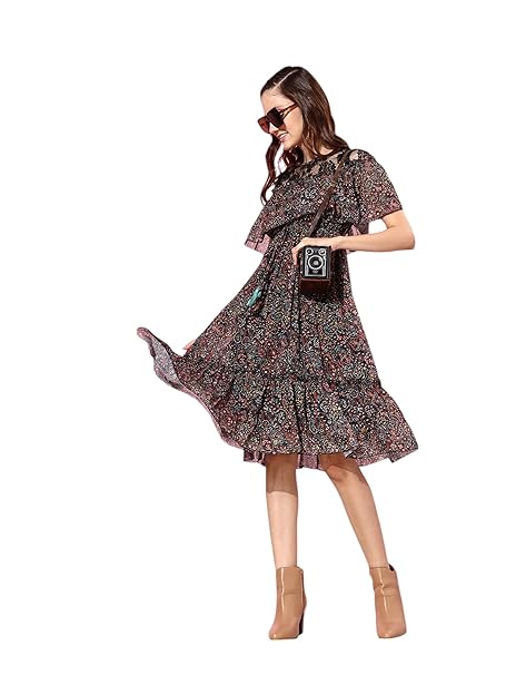 Miss Chase Women's Round Neck Sleeveless Polyester Ruffled Knee- Length Dress