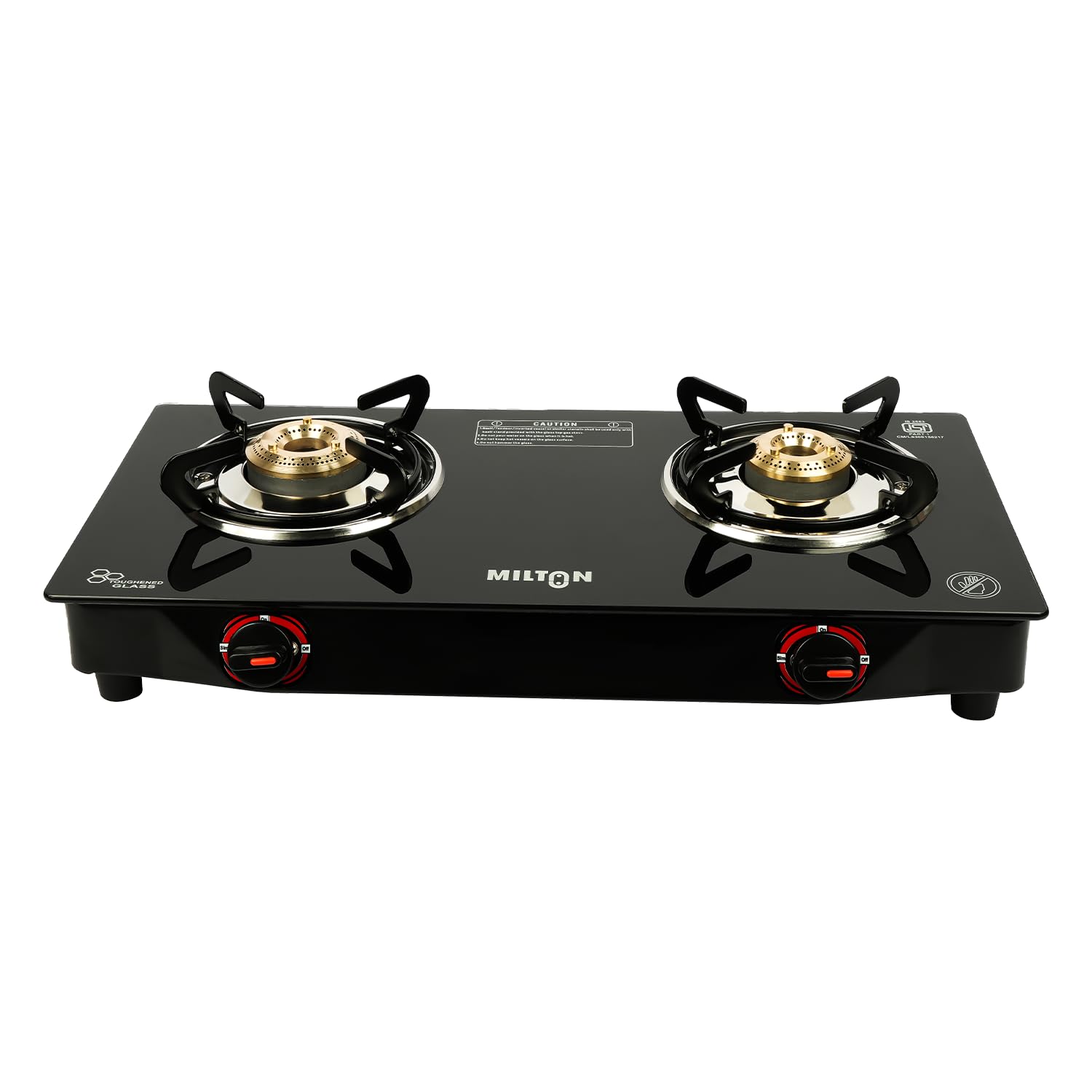 MILTON Premium 2 Burner Black Manual Ignition Glass Top Gas Stove, (ISI Certified)