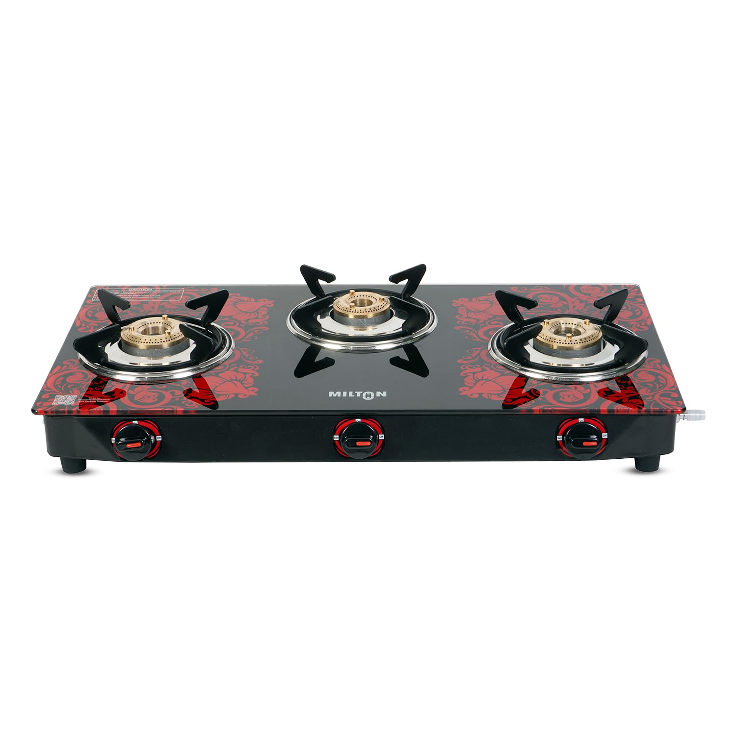 MILTON Premium Red Manual Ignition Glass Top Gas Stove,1-Year Manufacturer's Warranty (ISI Certified) (3 Burner)