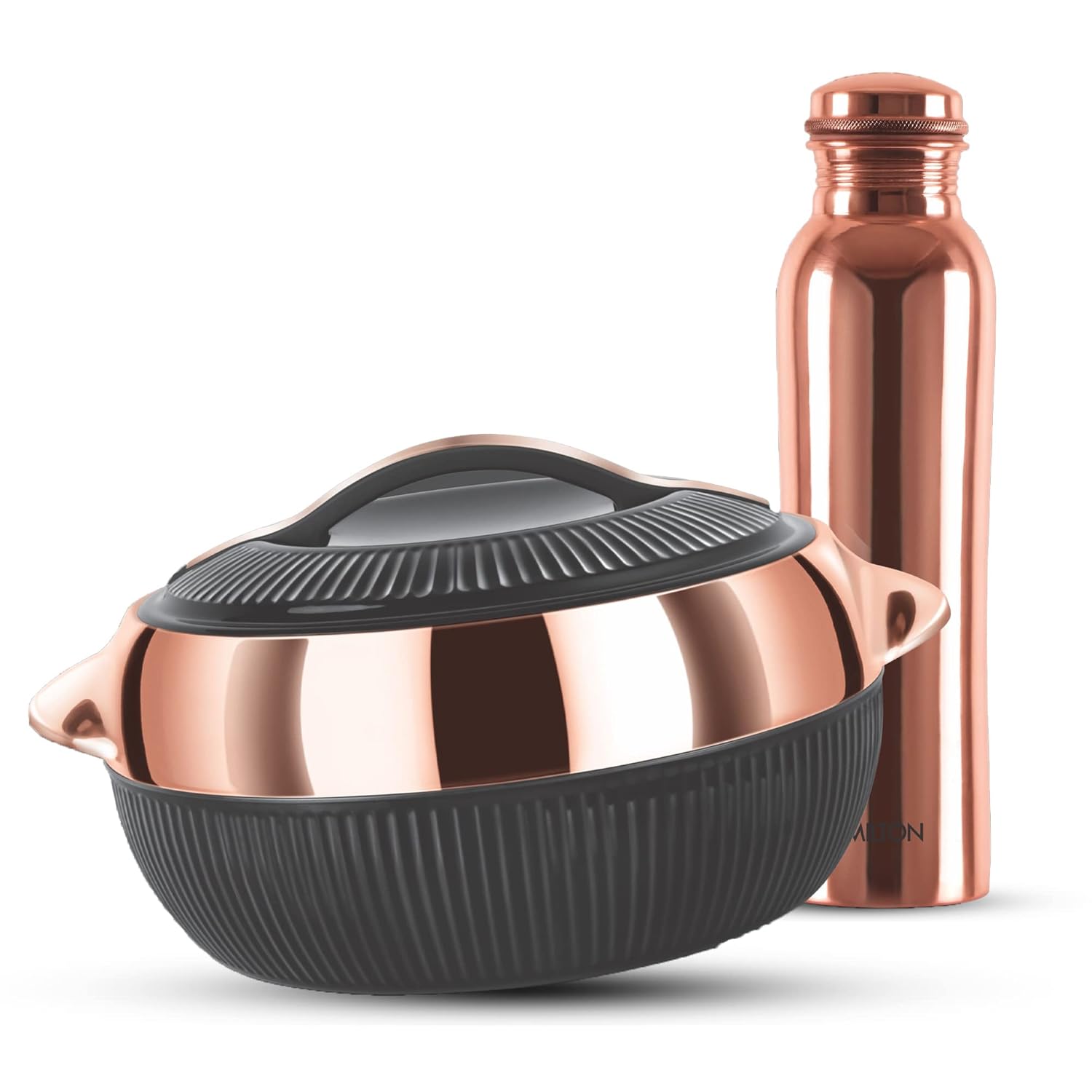 MILTON Expression Gift Set, Copperas 1000 Copper Bottle, 950 ml with Stainless Steel Fiesta 1500 Casserole, 1.37 litres, Black | Insulated | Food Grade | Hot & Cold