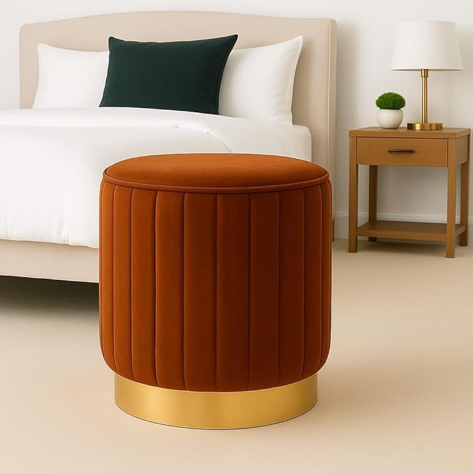 Jaico Stylish Round Accent Ottoman – Plush Upholstered Footstool with Modern Gold-Tone Base (Camel)