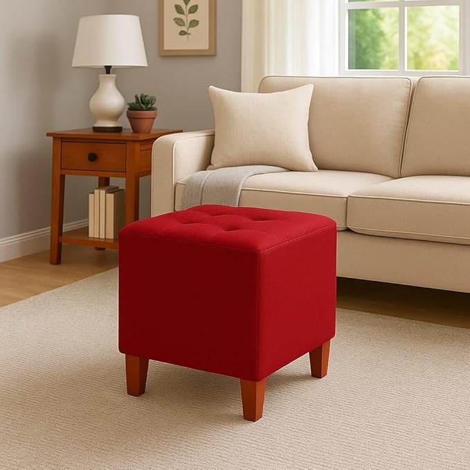 Jaico Square Ottoman Stool – Tufted Pouf with Solid Wooden Legs | Modern Footrest, Extra Seating & Accent Furniture for Living Room, Bedroom & Office Decor (Red)